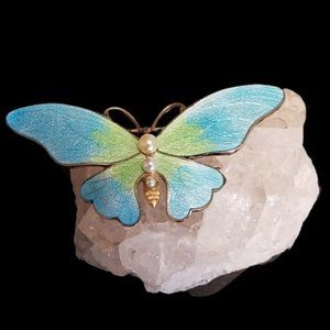 Vintage Guilloche Enamel Blue Green Butterfly Brooch